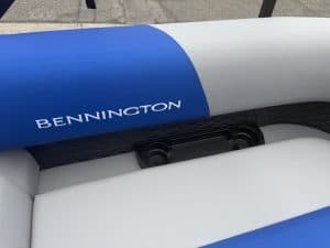 Bennington inflatable boat with blue and white design, ideal for water sports and leisure.