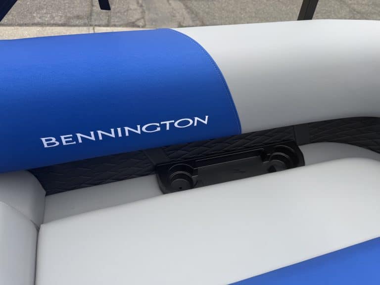 Bennington inflatable boat with blue and white design, ideal for water sports and leisure.