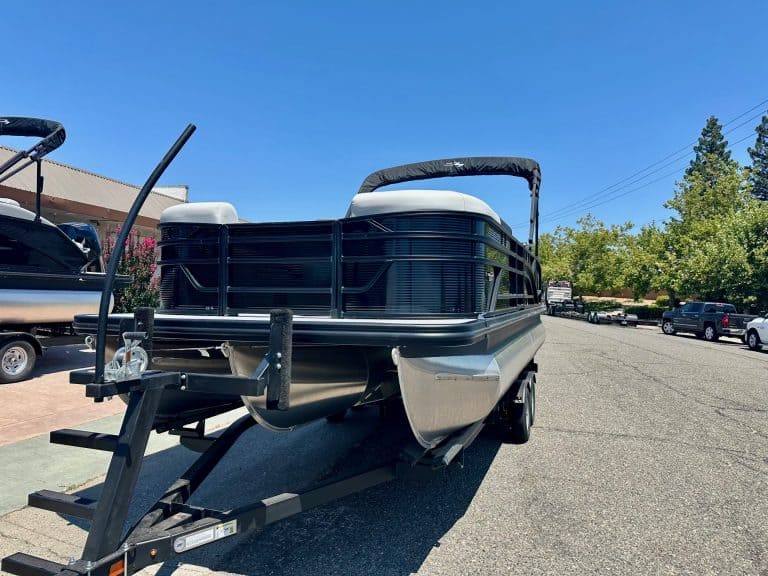 Pontoon boat with premium features for leisure and fishing.