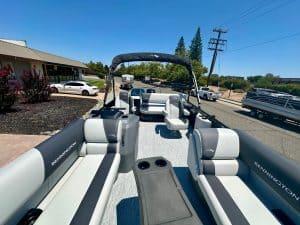 Bennington pontoon boat on a clear day, ready for leisure boating and water adventures.