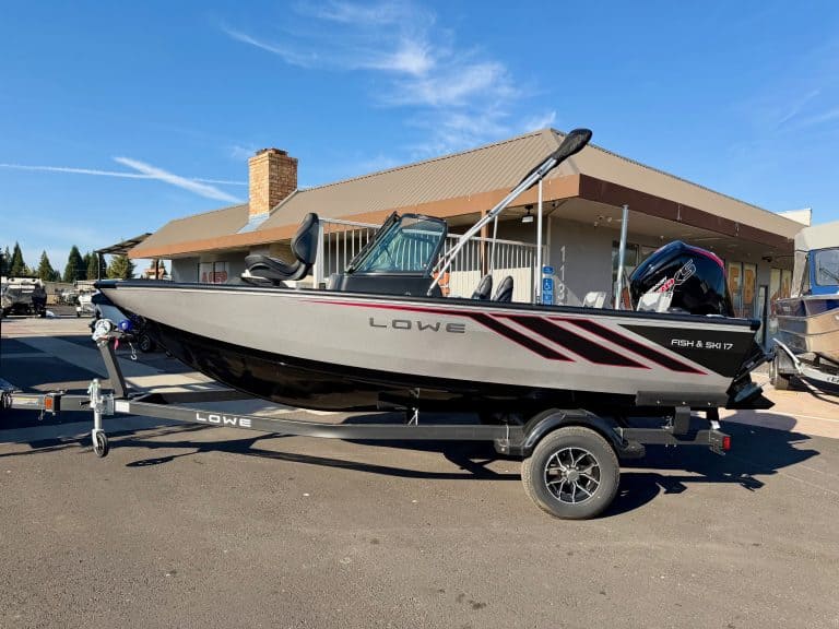 Boat with Lowe Fish & Ski boat on trailer, ready for water, at marine dealership.