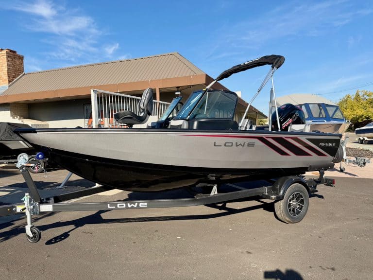 Lowe boat with trailer, ideal for fishing and recreational boating.