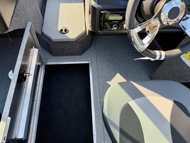 Optimized boat storage compartment with easy access and secure closure for marine vessels.