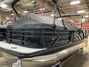 Pontoon boat with canopy, ideal for marine leisure and water activities. Durable design for optimal.