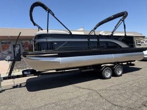 Luxury pontoon boat on trailer for sale at ASFB Marine.