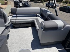 Luxury pontoon boat seating with plush cushions and spacious layout for outdoor leisure. Perfect for.