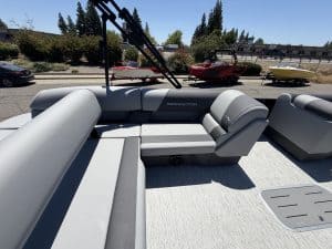 Pontoon boat seating with sleek design, ideal for leisure and water adventures.