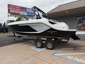 Modern Bayliner boat on trailer at ASFB Marine dealership.