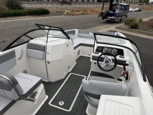 Boat dashboard with navigation and control panel for optimal marine experience.