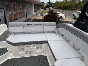 Modern Bayliner boat seating with comfortable cushions at ASFB Marine.