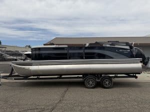 Pontoon boat by Lowe Marine for water recreation and leisure.