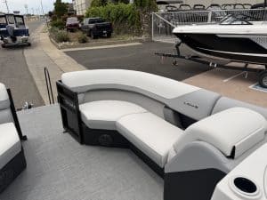Boat lounge seating with comfortable cushions and sleek design.
