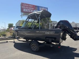 Crestliner 1850 Kodiak boat with Mercury 115HP engine on trailer.