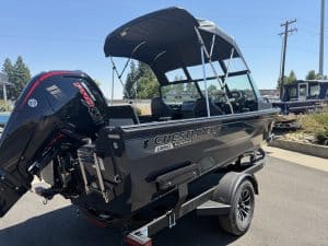 Crestliner 1850 Kodiak boat with Mercury 115HP engine on trailer.