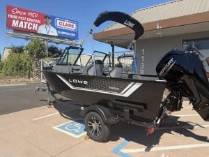 Lowe FM 1625 WT boat with Mercury 90HP outboard motor on trailer.