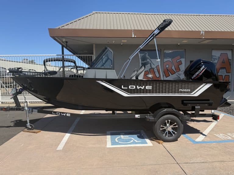 Lowe FM 1625 WT fishing boat with Mercury 90HP engine on trailer.