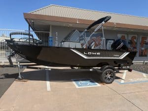 Lowe FM 1625 WT boat with Mercury 90HP engine on display.