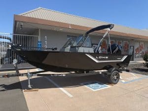 Lowe FM 1625 WT boat with Mercury 90HP engine on trailer.