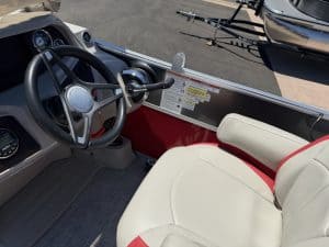 Close-up of boat helm and seating area for SEO.