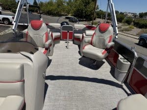 Luxury boat interior with comfortable seating and modern design.