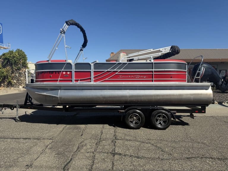 Red South Bay LE 22FT pontoon boat with Mercury 150HP engine on trailer.