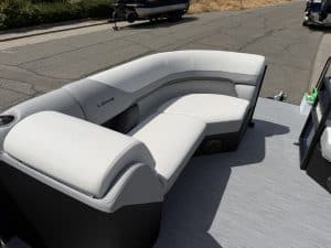 Luxury boat seating with white cushions on Lowe SS 230 WV model.