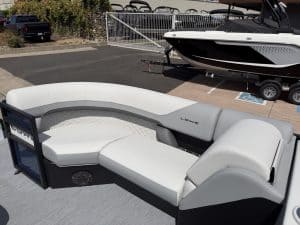 Luxury boat seating with white cushions on Lowe SS 230 WV model.