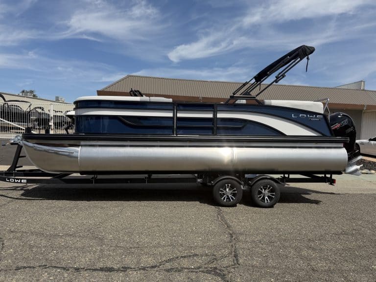 Lowe SS 230 WV pontoon boat with Mercury 150HP engine on trailer.