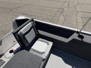 Interior view of Lowe FM 1625 WT fishing boat with seat and storage.