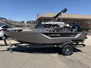 Lowe FM 1625 WT boat with Mercury 60HP outboard motor on trailer.