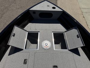 Interior view of Crestliner 1650 Kodiak fishing boat with storage compartments.