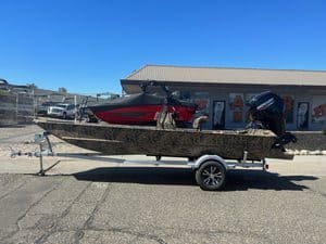 Lowe RX 1860 80HP jet boat on trailer at ASFB Marine.
