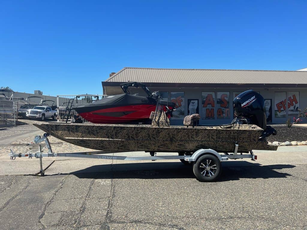 Lowe RX 1860 80HP Jet boat on trailer at ASFB Marine.