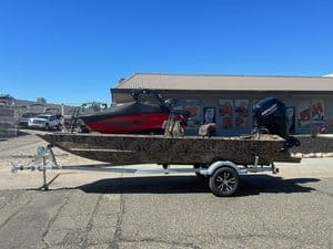 Lowe RX 1860 80HP Jet boat on trailer at ASFB Marine.