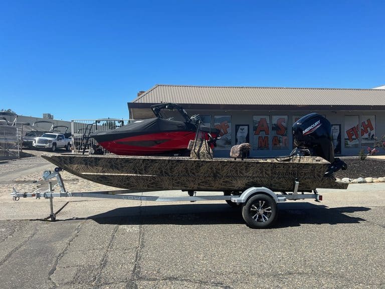 Lowe RX 1860 80HP Jet boat on trailer at ASFB Marine.