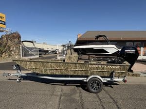 Crestliner 1860 Retriever CC fishing boat on trailer with Mercury outboard.