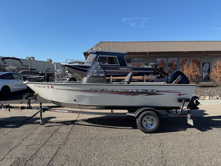 Tracker Pro boat with Mercury 60HP engine on trailer at ASFB Marine.