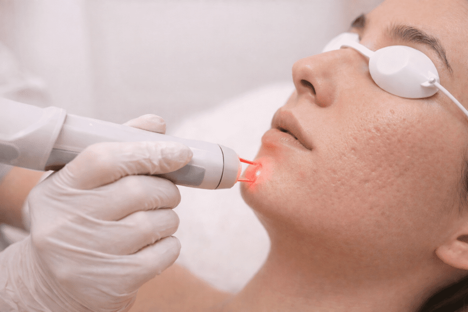 Patient receiving laser treatment for acne scars on the face.