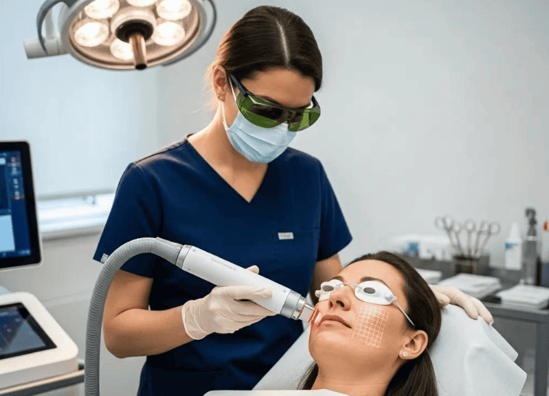 Fractional laser treatment performed by dermatologist on patient’s face.