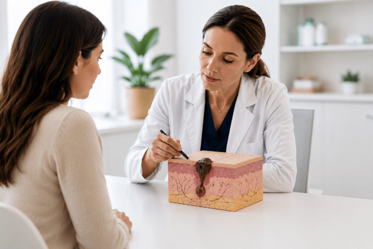Dermatologist explaining melanoma treatment options to patient during consultation.