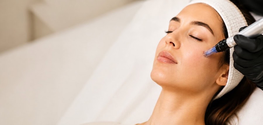 Clinician performing a professional microneedling treatment on a woman's cheek with a microneedling pen.