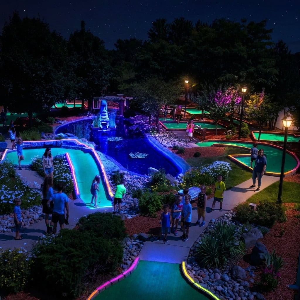 Night scene at Bat'n Club with illuminated water features and visitors enjoying the park.