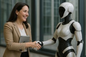 Woman in business-casual wear smiling and shaking hands with a sleek futuristic robot.
