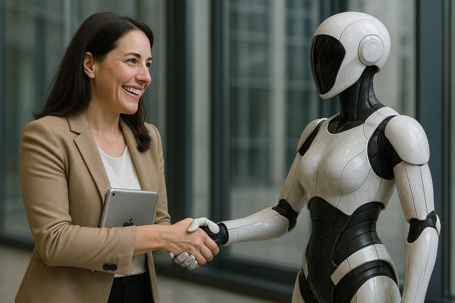Woman in business-casual wear smiling and shaking hands with a sleek futuristic robot.