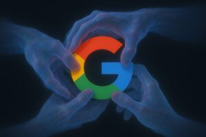 Holographic hands grappling at Google logo