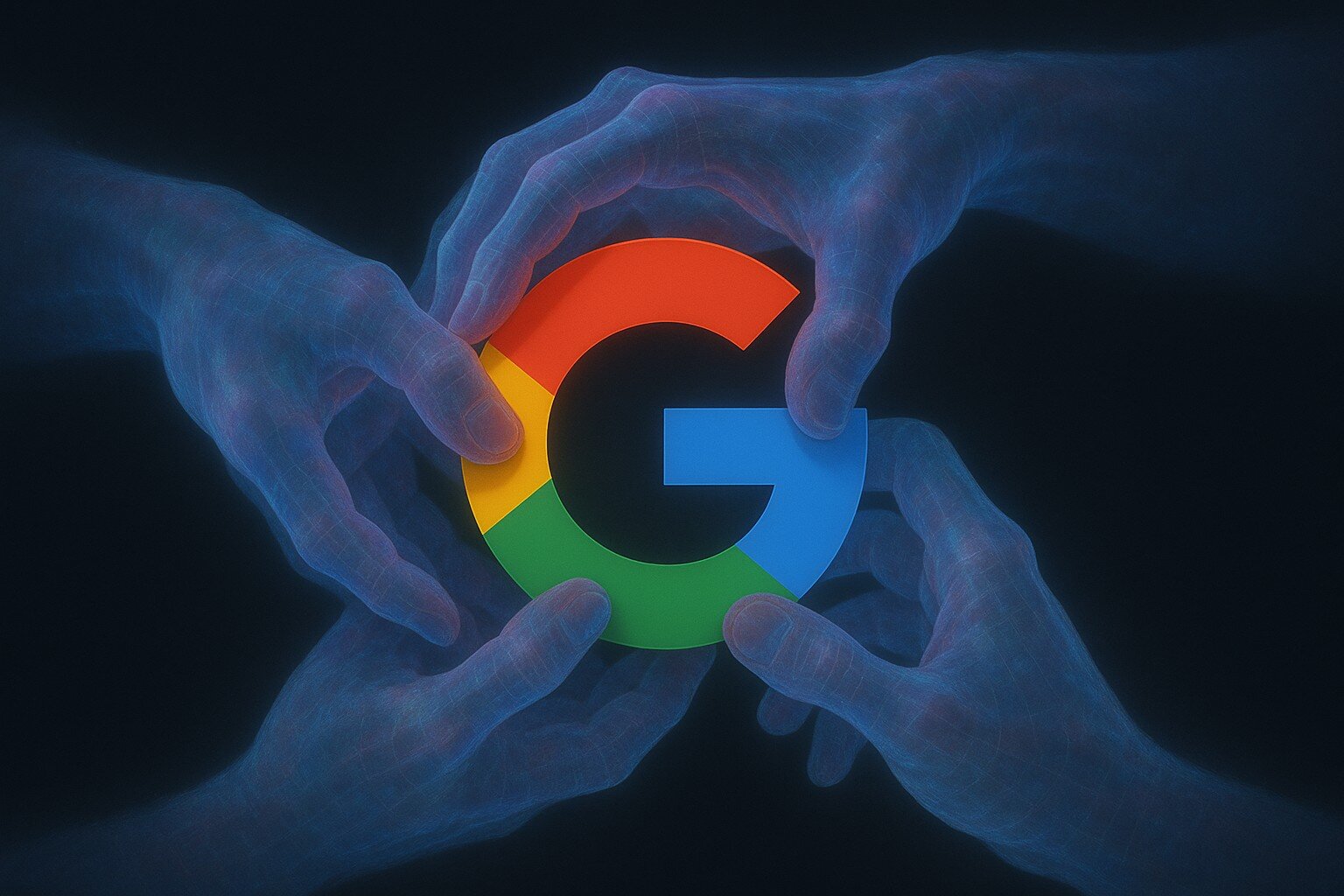 Holographic hands grappling at Google logo