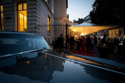A classic car as the sun sets during an art exhibition event by Sotheby's in Brussels