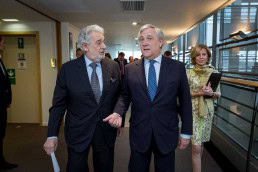 Plácido Domingo and Antonio Tajani during a meeting for IFPI in the European Parliament, Brussels