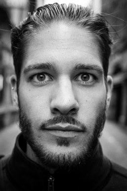 Black and white closeup portrait of a man from Belgium taken in Brussels