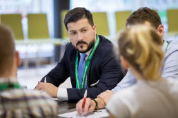 Closeup of an attendant highly focused during the EHC 2018 in Brussels